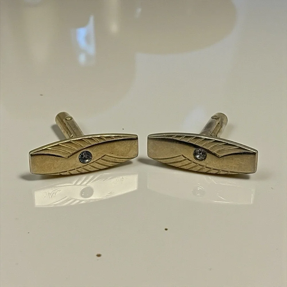 Vintage Gold Tone Cufflinks MCM Clear Rhinestone Geometric Long Bar Design